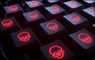Black computer keyboard with red skulls on keys instead of letters; source: Negro Elkha via Adobe Stock